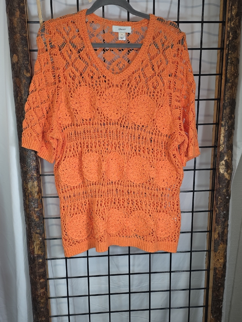 CJ Banks Orange Crochet Short Sleeve Sweater